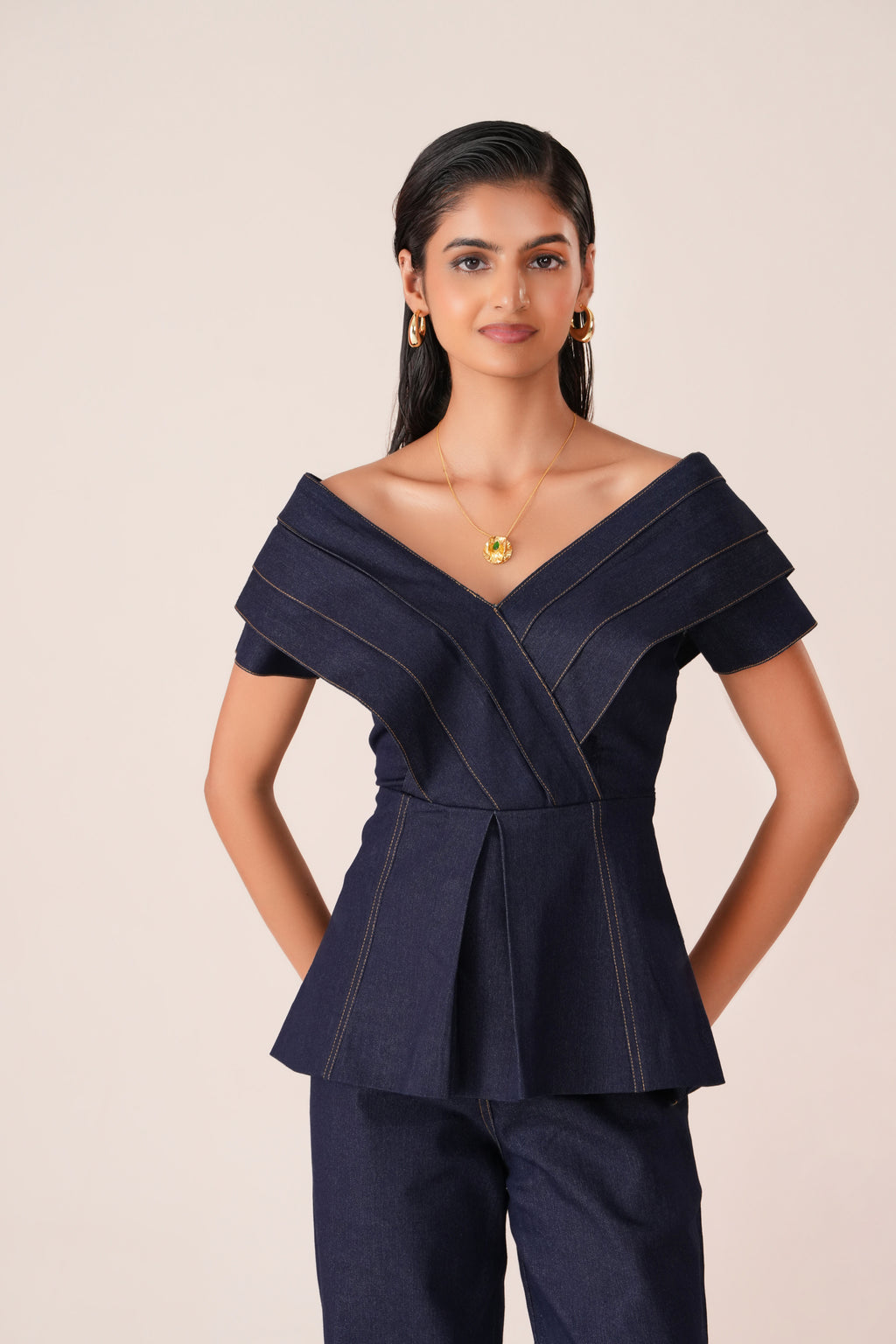 Indigo Pleated Top